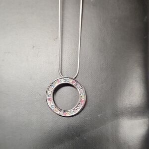 Silver Circle Pendant Necklace with Multi-Color Stones